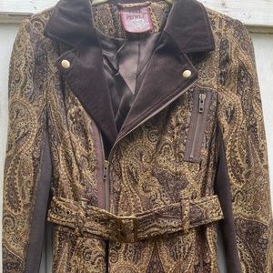 Vintage Free People Jacquard Paisley Belted Jacket with Velvet Trim Size 10